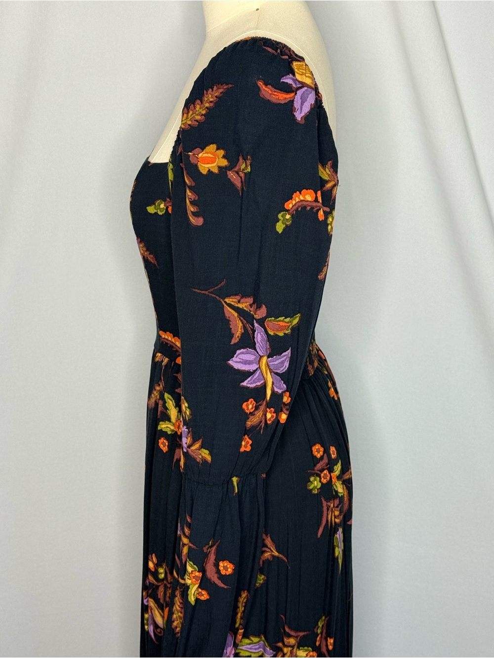 Floral Square-Neck Long Sleeve Maxi Dress - Black with Purple & Orange Floral - Picture 5 of 14